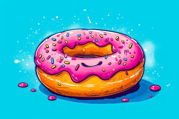 Photo cartoon drawing of pink doughnut with sprinkles on top generative ai