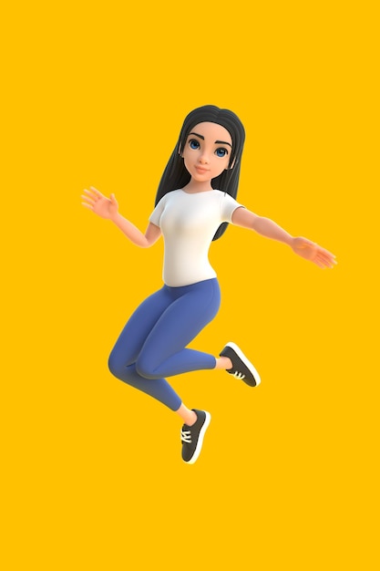 Cartoon drôle souriant jolie fille active sautant en l'air sur un fond jaune vif rendu 3D