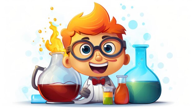 Cartoon d'un étudiant faisant une expérience dans un laboratoire de chimie portant un manteau et des lunettes