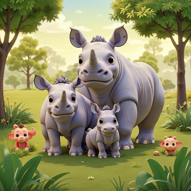 Cartoon de famille de rhinocéros dans l'herbe