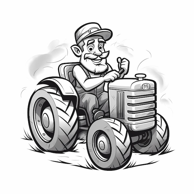 Photo cartoon farm amusant en noir et blanc page à colorier tracteur de fermier sympathique