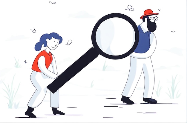 Cartoon Homme et fille avec loupe