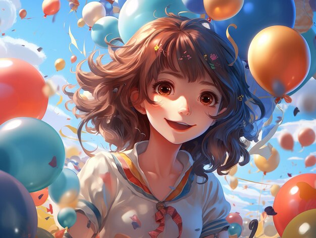 Photo cartoon d'illustration d'une jeune fille souriante et jolie avec des ballons de fête