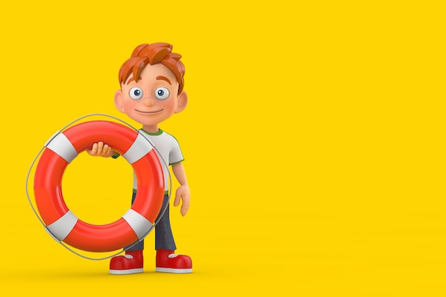 Cartoon Little Boy Teen Person Character Mascot with Life Buoy 3d Rendering