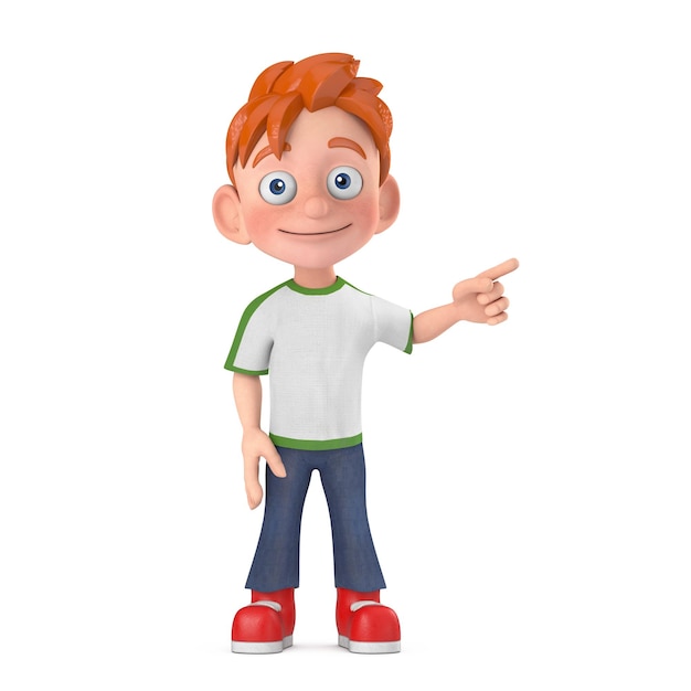 Photo cartoon little boy teen person mascotte de personnage pointe un doigt sur un endroit vide pour votre conception rendu 3d