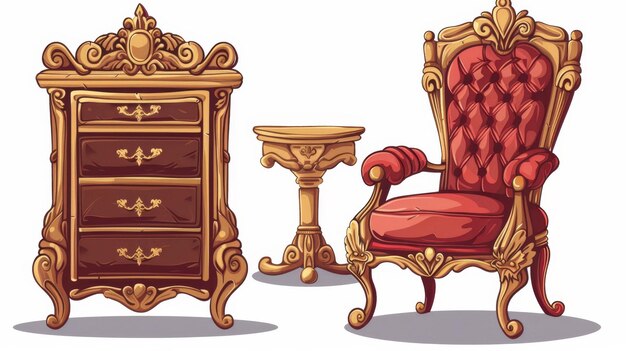 Cartoon moderne décoratif d'un fauteuil doré avec un rembourrage rouge une table de nuit avec un tiroir et une table de chevet pour l'intérieur d'une chambre de luxe