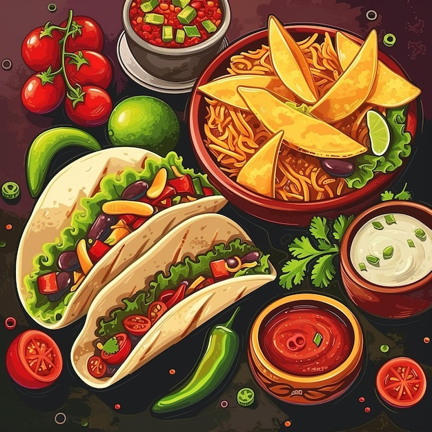 Cartoon de nourriture mexicaine dans le style d'affiche v 6 ID d'emploi c28dfe0295b148a1a619b36a9d3f585b