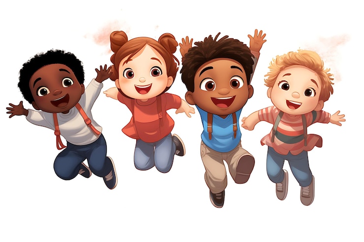 Photo cartoon petits enfants sautant ensemble