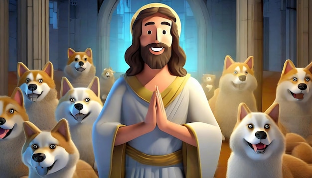Cartoon de taille moyenne Jésus entouré d'une petite main de chien et d'un animal en arrière-plan