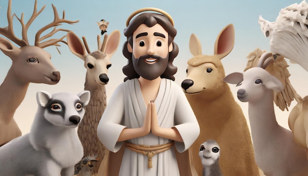 Cartoon de taille moyenne Jésus entouré d'une petite main de chien et d'un animal en arrière-plan