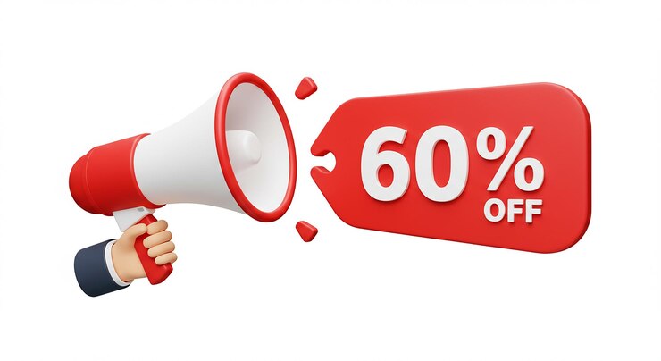 Photo cartoon tenant un mégaphone avec 60% de réduction promotion publicitaire de l'étiquette campagne de marketing pour une offre de réduction annonce de vente spéciale et de promotion au détail