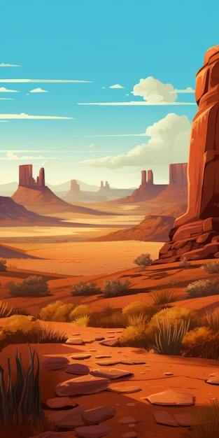 Cartoony Wild West Landscape Illustration Avec Red Rocks And Desert