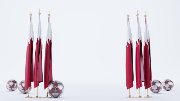 Casablanca maroc 21 octobre 2022 drapeau qatar avec ballons de football isolés sur fond blanc rendu 3D