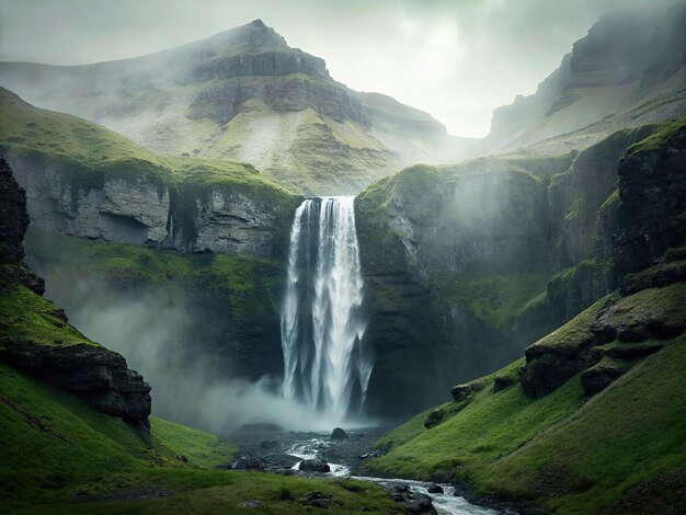 la cascade au-dessus d'une région montagneuse en Islande