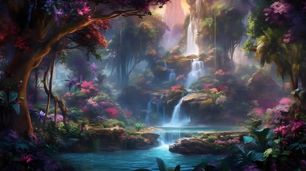 Une cascade au milieu d'une forêt tropicale verdoyante entourée d'arbres imposants ornés de fleurs exotiques et dynamiques ai générative