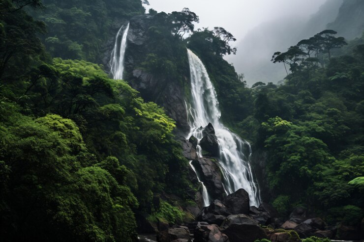 Photo une cascade au milieu d'une forêt verdoyante