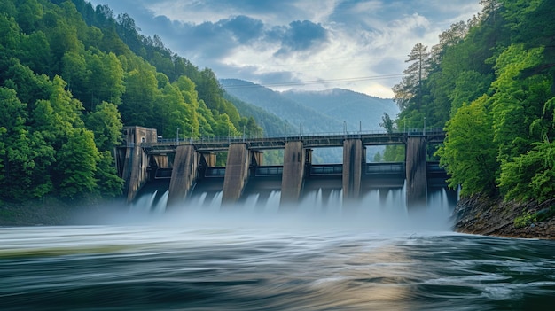 Photo cascade de barrage hydroélectrique dans le cadre de la forêt luxuriantexa