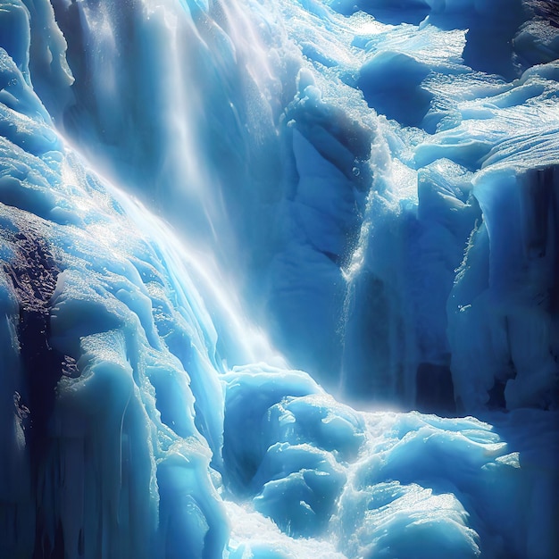 Une cascade bleue avec de la glace dessus.