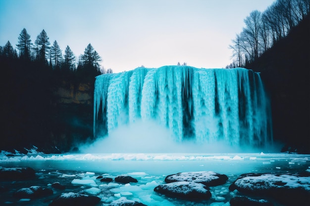 Une cascade bleue avec de la neige au fond et le mot hiver au fond.
