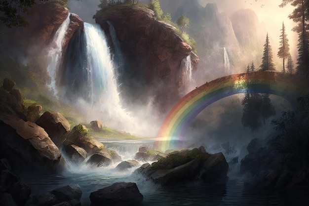 Une cascade brumeuse entourée de rayons de soleil arc-en-ciel et de verdure