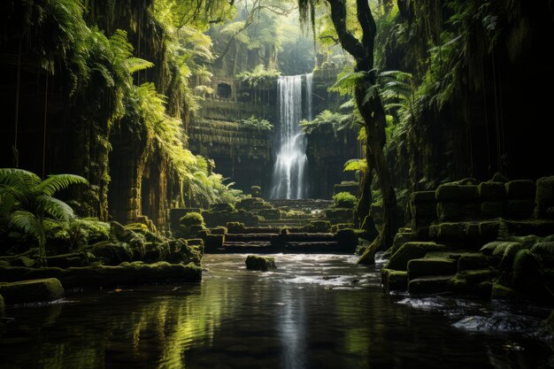 Cascade cachée au fond d’une forêt tropicale luxuriante IA générative