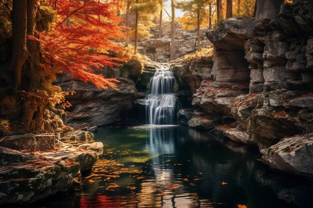 Photo une cascade cachée entourée de feuillages d'automne