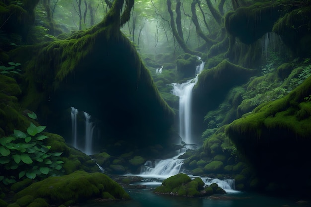 Une cascade cachée nichée au fond d'une forêt dense entourée générée par Ai