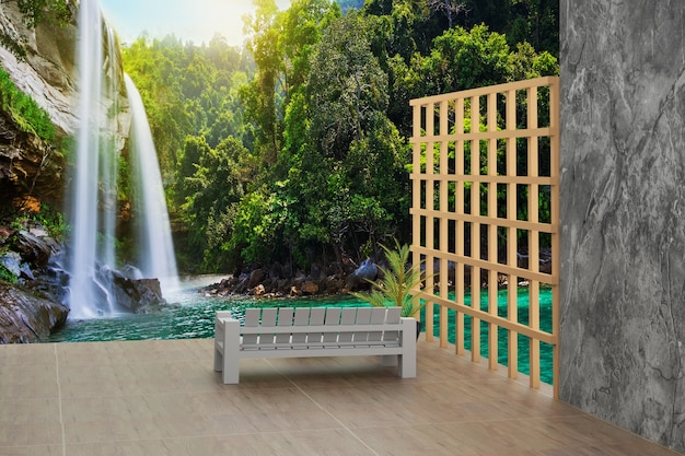 cascade avec chaise de balcon rendu 3d