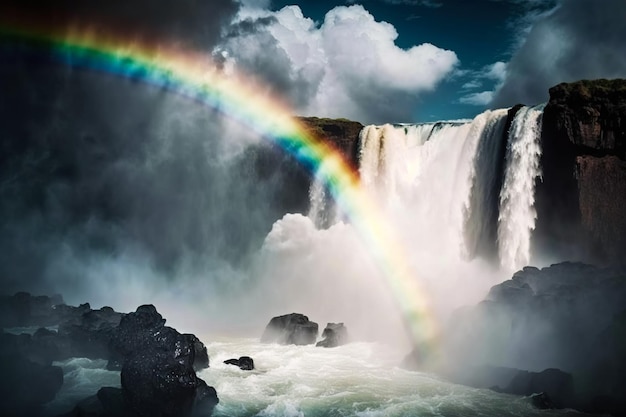 Cascade avec chute d'eau d'en haut et arc-en-ciel coloré dans le brouillard