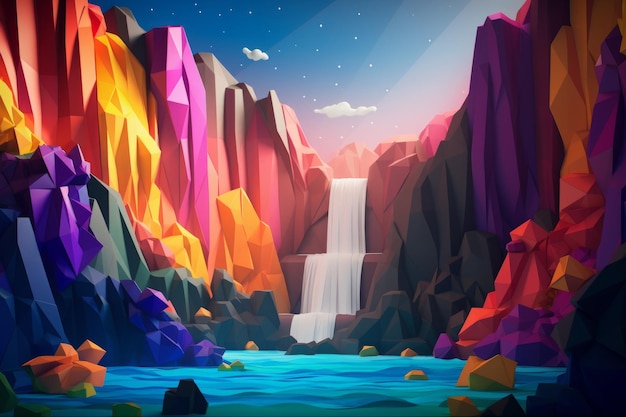 Une cascade colorée dans un paysage de montagne.