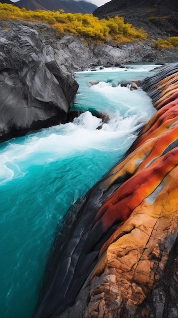 Une cascade colorée en Islande avec une eau bleue qui coule sur le côté.