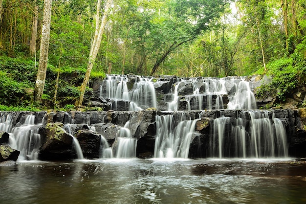 La cascade coule magnifiquement sur les marches