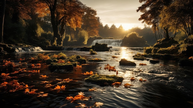 Photo la cascade coule avec une vue panoramique sur le lac