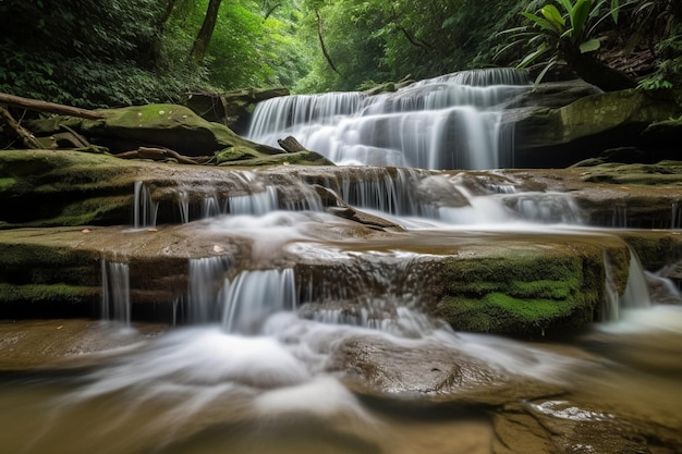 Une cascade dans les bois avec un fond vert