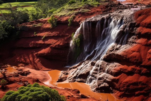 Photo cascade dans un canyon de grès rouge avec de l'herbe verte et des arbres la célèbre cascade de red dirt est une cascade d'eau douce sur la roche de basalte riche en fer dans le canyon de waimea.