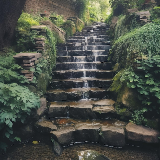 Une cascade dans les escaliers d'une forêt