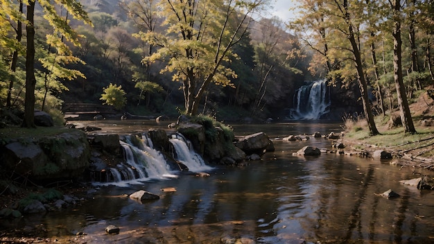 Cascade dans la forêt d'automne rivière de montagne paysage fond d'écran