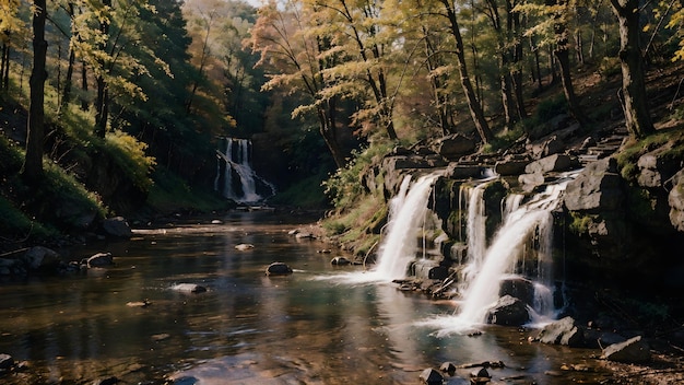 Cascade dans la forêt d'automne rivière de montagne paysage fond d'écran