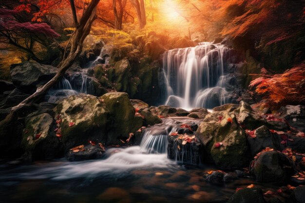 Photo cascade dans la forêt d'automne