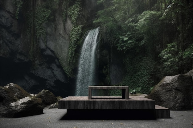 Une cascade dans une forêt avec un banc et un banc.