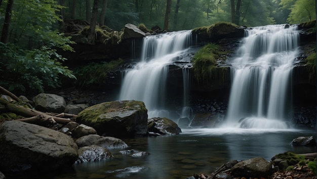 une cascade dans la forêt est entourée de rochers et d'arbres