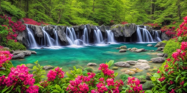 Une cascade dans la forêt avec des fleurs