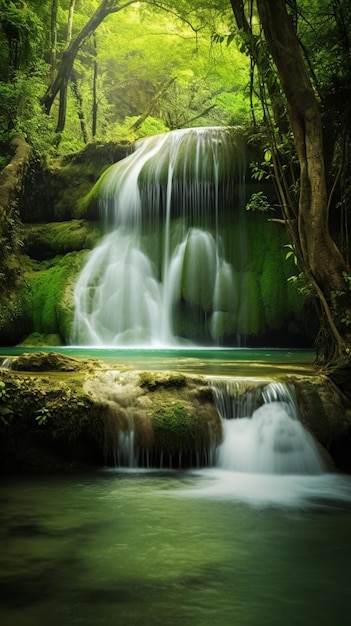 Une cascade dans la forêt avec un fond vert