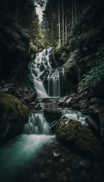 Une cascade dans la forêt avec un fond vert