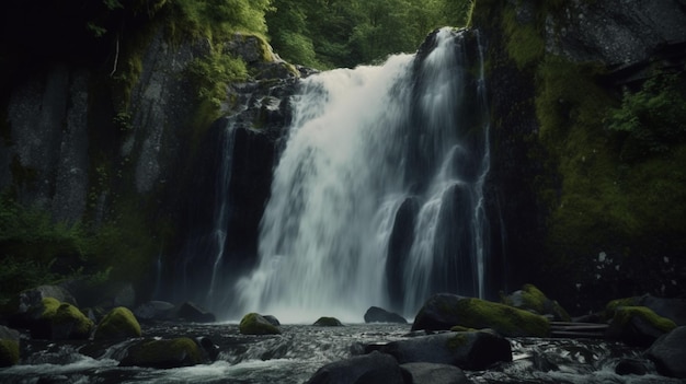 Une cascade dans la forêt avec un fond vert