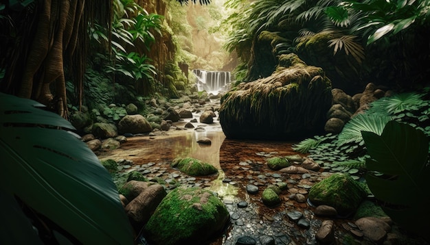 Une cascade dans une forêt avec de la mousse sur les rochers et un arbre vert.