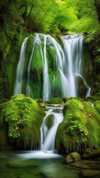 Une cascade dans la forêt avec de la mousse sur les rochers