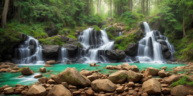 Une cascade dans la forêt avec de la mousse verte sur les rochers