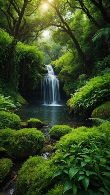 une cascade dans la forêt avec des plantes vertes luxuriantes