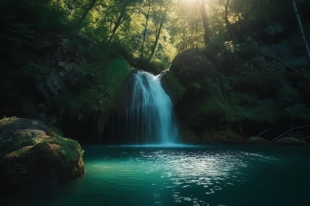 Une cascade dans la forêt avec le soleil qui brille dessus